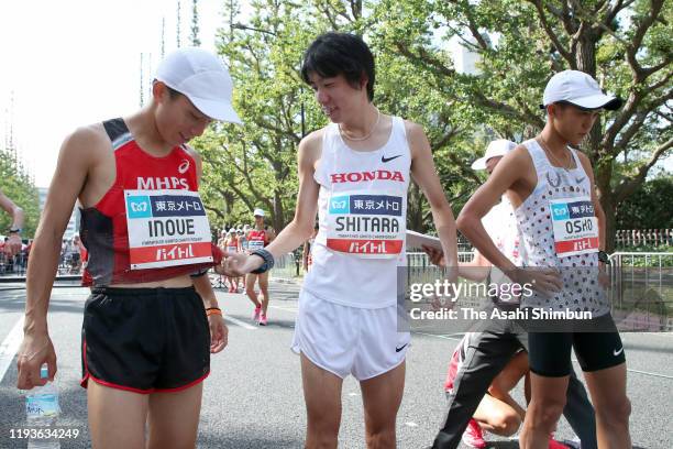 Hiroto Inoue , Yuta Shitara and Suguru Osako are seen prior to the Men's event during the Marathon Grand Championships on September 15, 2019 in...