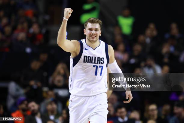 Luka Doncic of the Dallas Mavericks celebrates during a game between Dallas Mavericks and Detroit Pistons at Arena Ciudad de Mexico on December 12,...