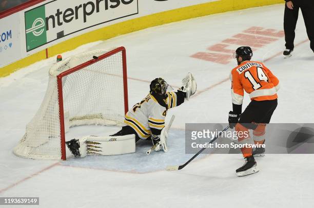 Philadelphia Flyers Center Sean Couturier hits the crossbar on a shootout during the game between the Boston Bruins and the Philadelphia Flyers on...