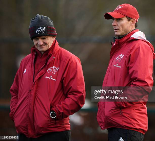 Limerick , Ireland - 14 January 2020; Munster senior coach Stephen Larkham, right, with forwards coach Graham Rowntree during a Munster Rugby...