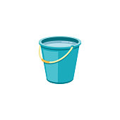 Plastic blue bucket with water for household cleaning and home washing.