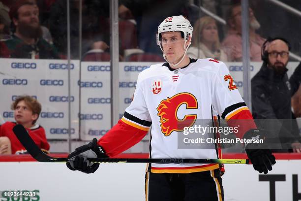 Michael Stone of the Calgary Flames during the second period of the NHL game against the Arizona Coyotes at Gila River Arena on December 10, 2019 in...