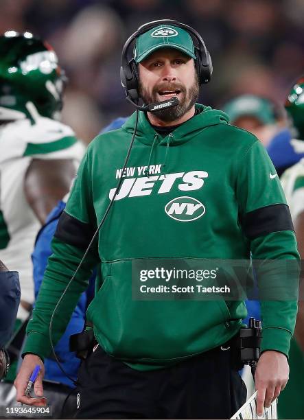 Head coach Adam Gase of the New York Jets looks on during the game against the Baltimore Ravens at M&T Bank Stadium on December 12, 2019 in...