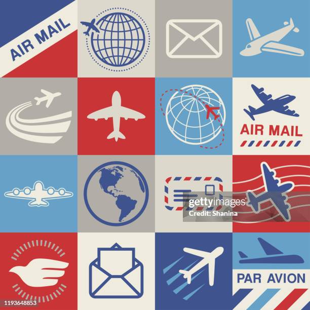 airmail square icons set - air mail stock illustrations