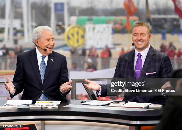 Lee Corso and Kirk Herbstreit at ESPN College Game Day during a game between Georgia Bulldogs and LSU Tigers at Mercedes Benz Stadium on December 7,...