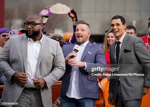 Marcus Spears, Pat McAfee and David Pollack at ESPN College Game Day during a game between Georgia Bulldogs and LSU Tigers at Mercedes Benz Stadium...