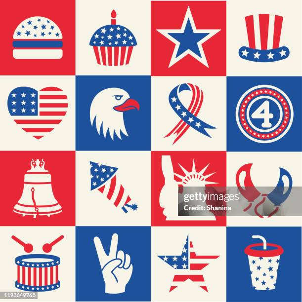 fourth of july square icons set - liberty bell flag stock illustrations