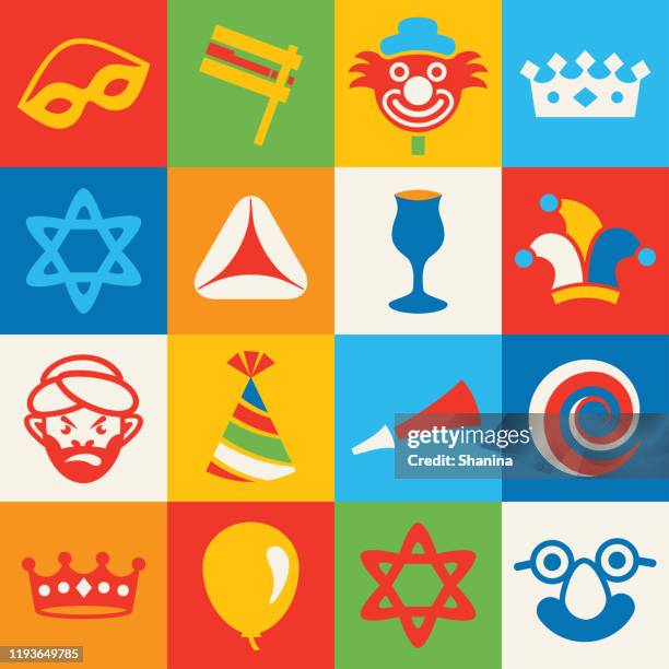 purim holiday square icons set - purim stock illustrations