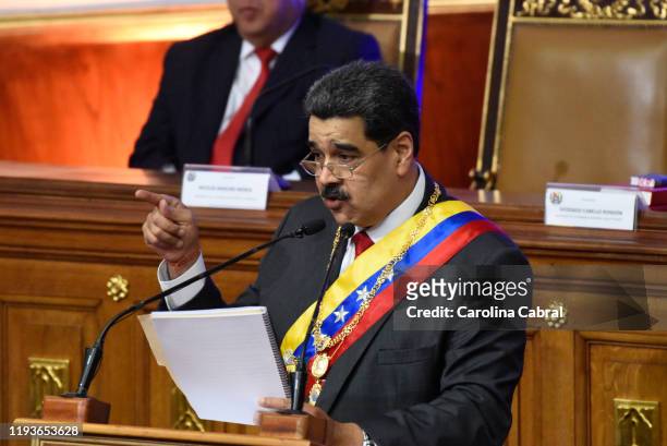 President of Venezuela Nicolas Maduro delivers his annual address to the nation at the National Constituent Assembly on January 14, 2020 in Caracas,...