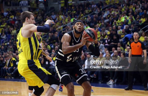 Adreian Payne, #33 of LDLC Asvel Villeurbanne in action with Jan Vesely, #24 of Fenerbahce Beko Istanbul during the 2019/2020 Turkish Airlines...