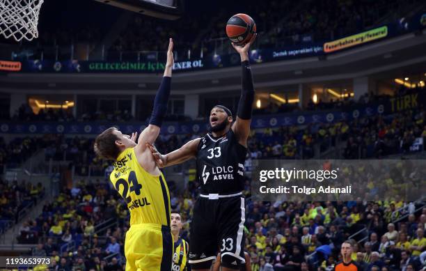 Adreian Payne, #33 of LDLC Asvel Villeurbanne in action with Jan Vesely, #24 of Fenerbahce Beko Istanbul during the 2019/2020 Turkish Airlines...