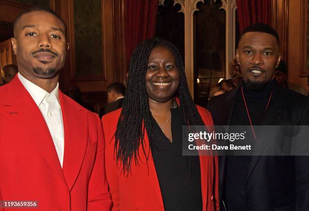 Michael B. Jordan, Marsha De Cordova MP and Jamie Foxx attend an evening at the House Of Lords for the upcoming film "Just Mercy" on January 14, 2020...