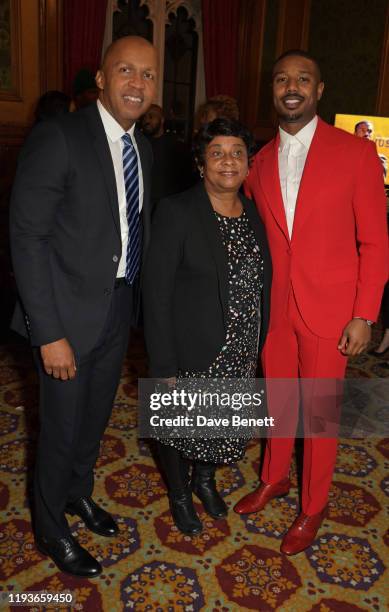 Bryan Stevenson, Baroness Doreen Lawrence and Michael B. Jordan attend an evening at the House Of Lords for the upcoming film "Just Mercy" on January...