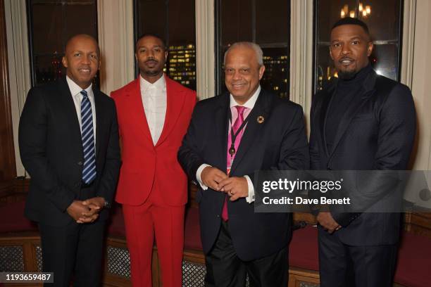 Bryan Stevenson, Michael B. Jordan, Lord Michael Hastings of Scarisbrick and Jamie Foxx attend an evening at the House Of Lords for the upcoming film...