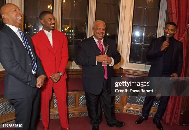 Bryan Stevenson, Michael B. Jordan, Lord Michael Hastings of Scarisbrick and Jamie Foxx attend an evening at the House Of Lords for the upcoming film...