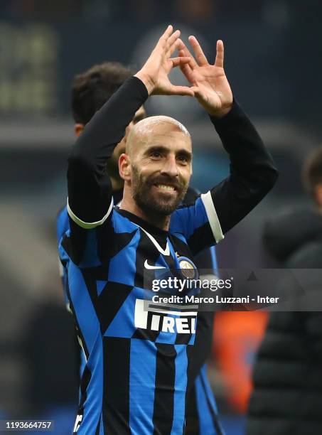 Borja Valero of FC Internazionale celebrates the win at the end of the Coppa Italia match between FC Internazionale and Cagliari Calcio at Stadio...