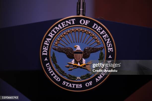 Department of Defense logo is seen on the desk ahead of the press conference of U.S. Secretary of Defense, Mark Esper and Japanese Defense Minister...