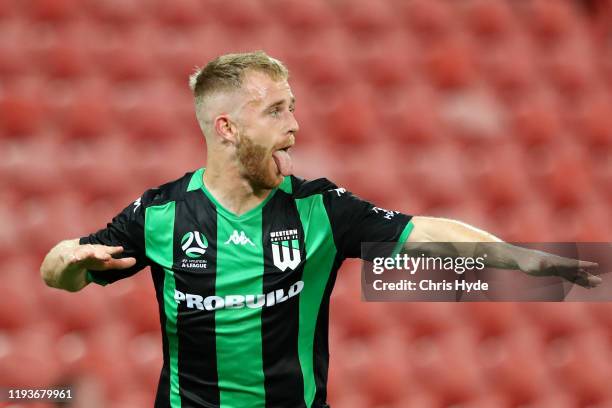 Connor Pain of Western United celebrates a goal during the round 10 A-League match between the Brisbane Roar and Western United at Suncorp Stadium on...