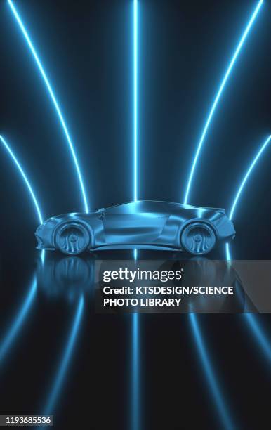 car in wind tunnel, illustration - futuristic car stock-fotos und bilder