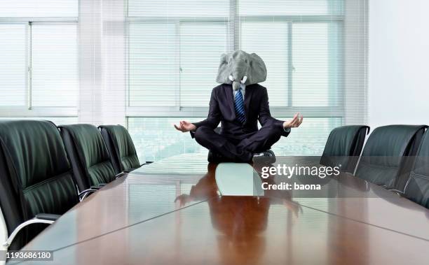 businessman wearing a mask meditating on conference table - elephant funny stock pictures, royalty-free photos & images