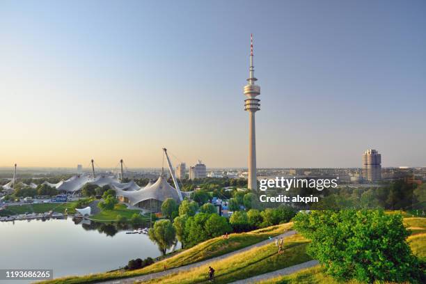 panorama of olympic park in munich - olympic stadium munich stock pictures, royalty-free photos & images