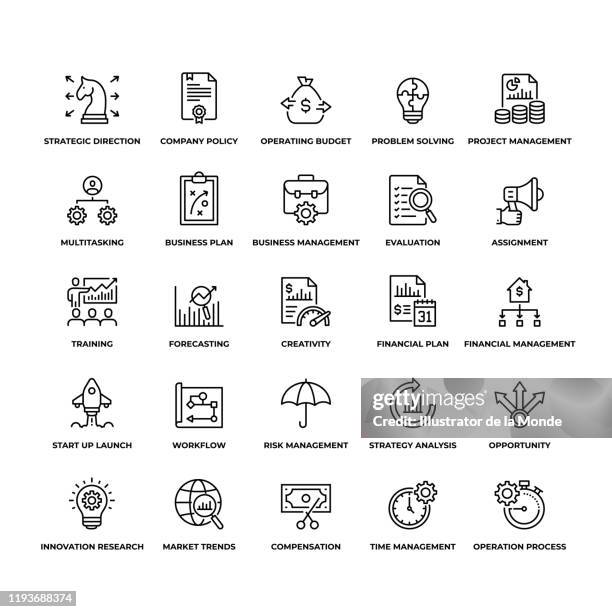 strategie-management-symbol set-aktien-illustration - kundenbeziehungsmanagement stock-grafiken, -clipart, -cartoons und -symbole