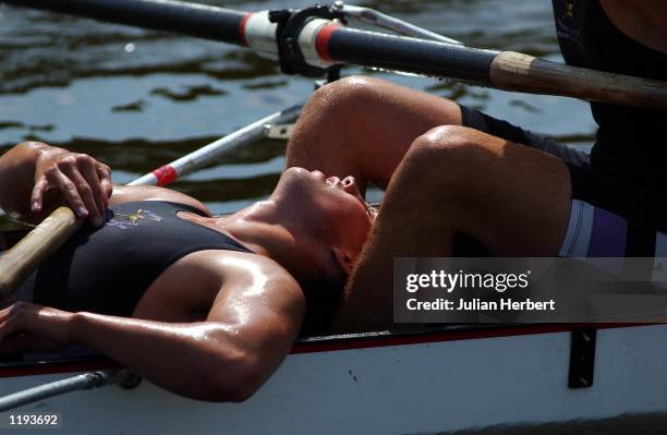 Member of The Durham University Eight that was beaten by Yale University in a heat of The Temple Challenge Cup catches his breath at Henley after...