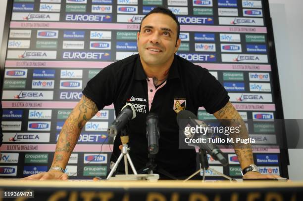 Fabrizio Miccoli answers questions during a press conference before a pre-season friendly match between US Citta di Palermo and Oltrisarco on July...