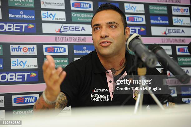 Fabrizio Miccoli of Palermo answers questions during a press conference before a pre-season friendly match between US Citta di Palermo and Oltrisarco...
