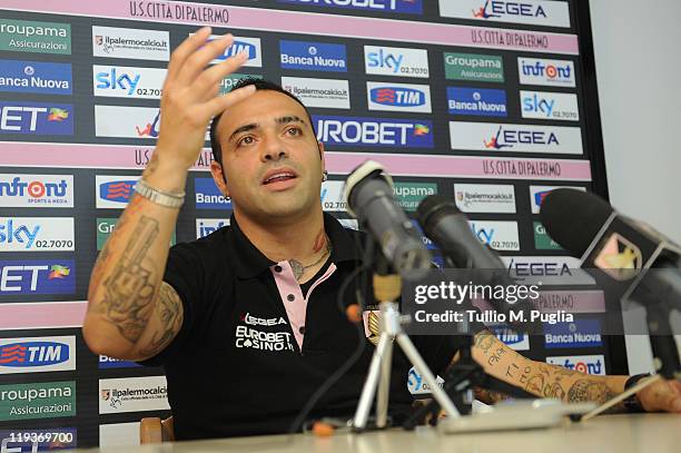 Fabrizio Miccoli of Palermo answers questions during a press conference before a pre-season friendly match between US Citta di Palermo and Oltrisarco...