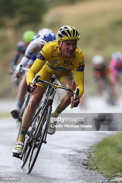 Holder of the yellow jersey Thomas Voeckler of France and team Europcar descends from the Col du Manse during Stage 16 of the 2011 Tour de France...
