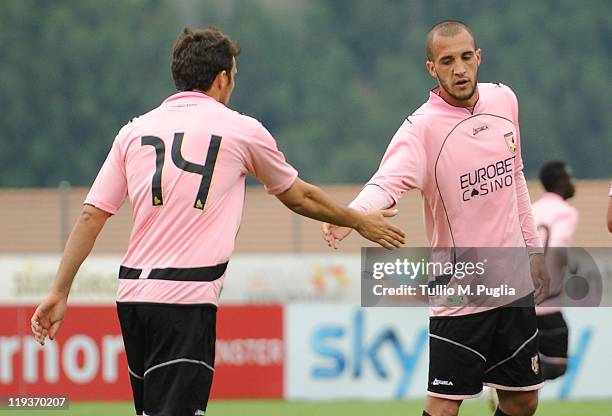 Nicolas Bertolo and Pablo Gonzalez of Palermo celebrate during a pre-season friendly match between US Citta di Palermo and Oltrisarco on July 19,...