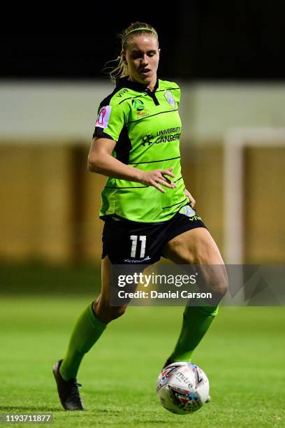 Elise Thorsnes of Camberra United runs into space with the ball during the round five W-League match between the Perth Glory and Canberra United at...