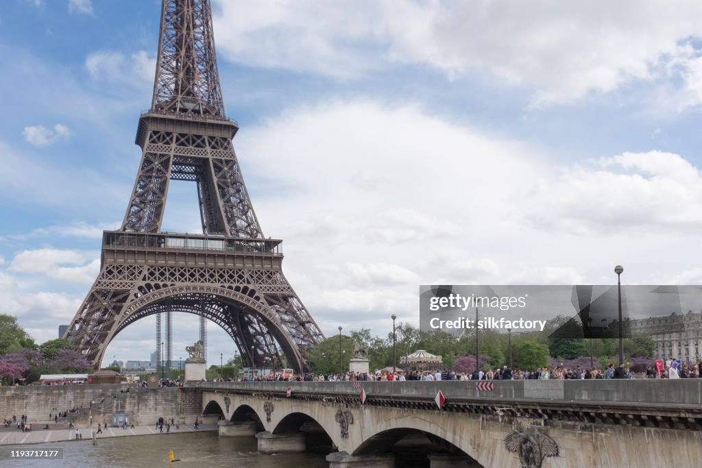 Eiffel Tower and Pont d'Iéna Bridge in the French Capital Paris in spring