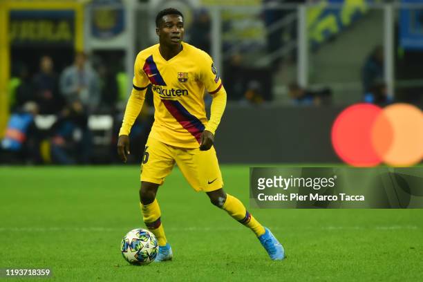 Moussa Wague of FC Barcelona in action during the UEFA Champions League group F match between Inter and FC Barcelona at Giuseppe Meazza Stadium on...