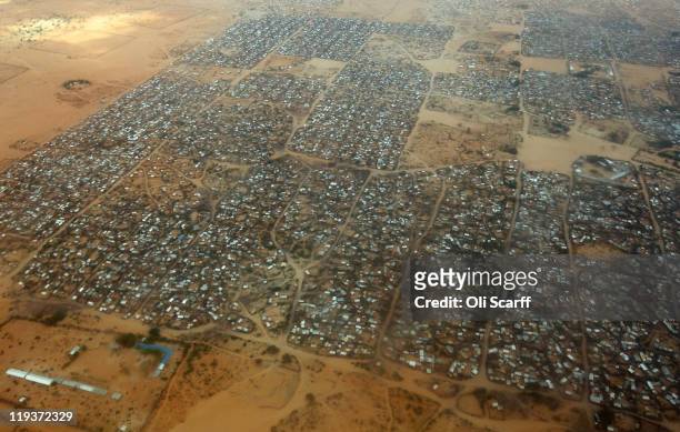 An aerial view of the Dagahaley refugee camp which makes up part of the giant Dadaab refugee settlement on July 19, 2011 in Dadaab, Kenya. The...