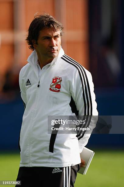 Swindon Town assistant manager Fabrizio Piccareta looks on prior to the Pre Season Friendly match between Swindon Supermarine and Swindon Town at...