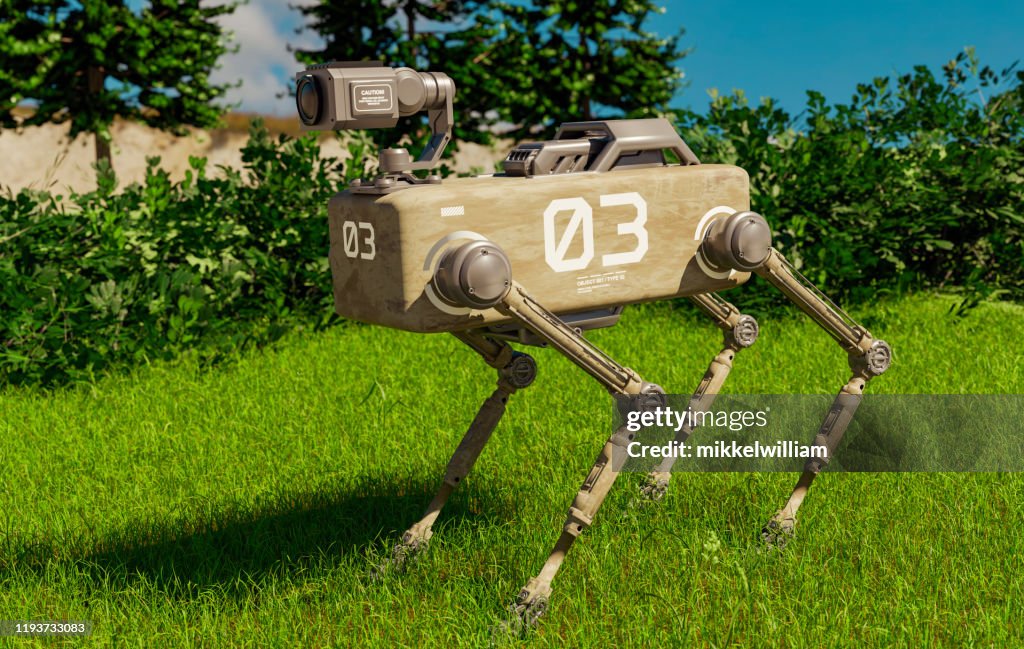 Futuristischer Roboterhund mit Überwachungskamera ist auf Mission draußen