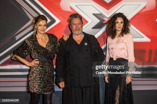 Lucia Mascino, Michele Di Mauro and Enrica Guidi attend at the photocall of the final of X Factor Italia at Mediolanum forum in Milan. Milan ,...