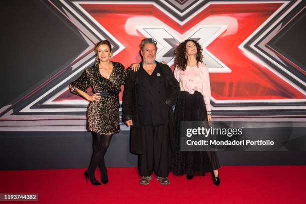 Lucia Mascino, Michele Di Mauro and Enrica Guidi attend at the photocall of the final of X Factor Italia at Mediolanum forum in Milan. Milan ,...