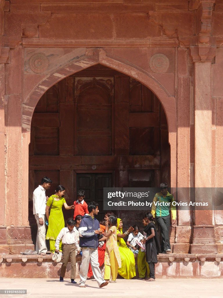 Visitors in the Mughal palace in Fatehpur Sikri, Uttar Pradesh, India