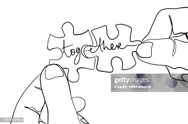 jigsaw puzzle one line drawing with togetherness - team sketch stock-fotos und bilder