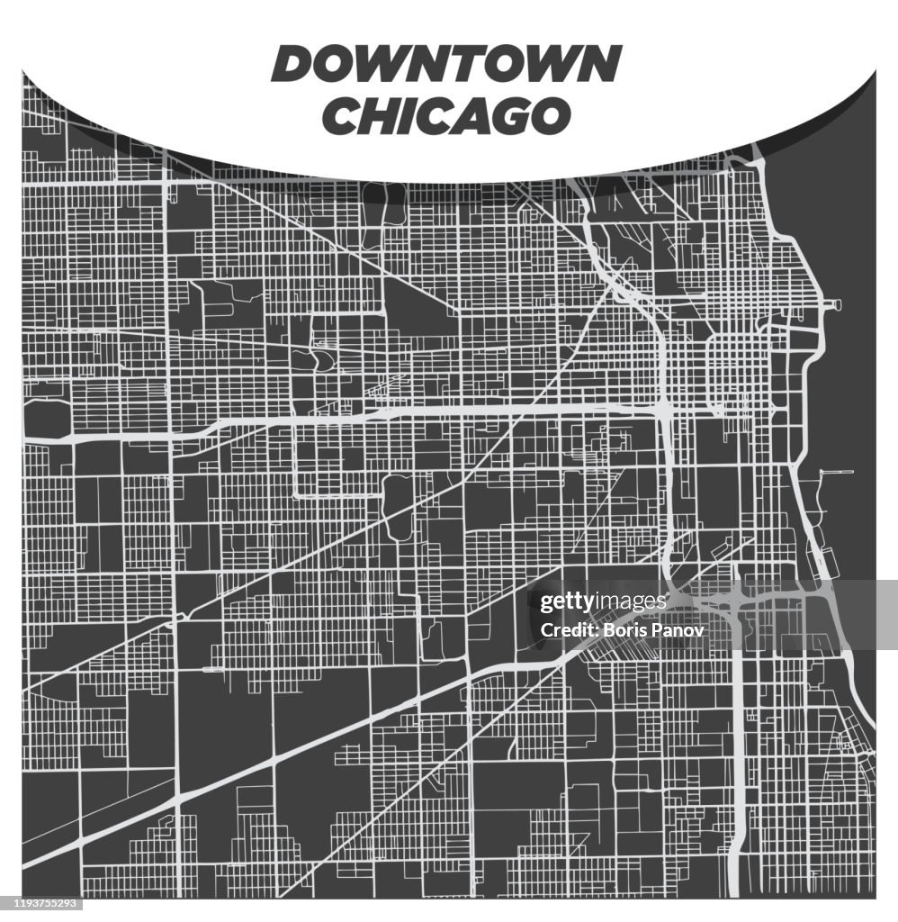 Luxurious and Elegant Silver Street Map of Chicago Downtown City on Dark Background