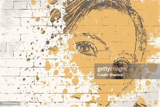 graffiti-illustration eines mädchens, das aus der wand schaut - portrait frau frontal stock-grafiken, -clipart, -cartoons und -symbole