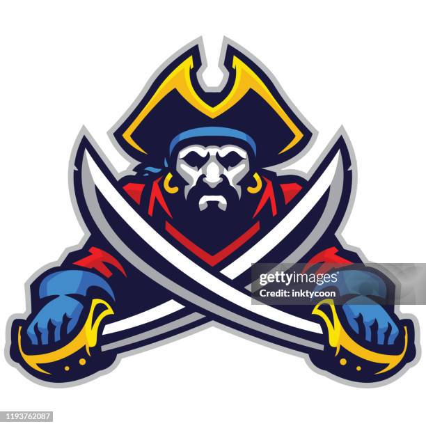 ilustraciones, imágenes clip art, dibujos animados e iconos de stock de pirata agresivo atlético con espadas cruzadas y listo para la guerra. - interception icon