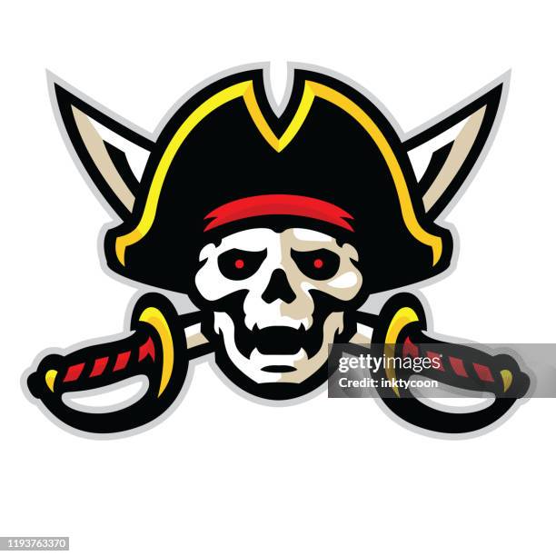 athletic aggressive pirate with crossed swords and ready for war. - pirate hat stock illustrations