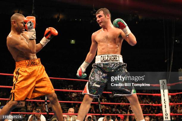 Joe Calzaghe defeats Roy Jones, Jr. In their Light Heavyweight boxing match by UD at Madison Square Garden on November 8, 2008 in New York City. This...