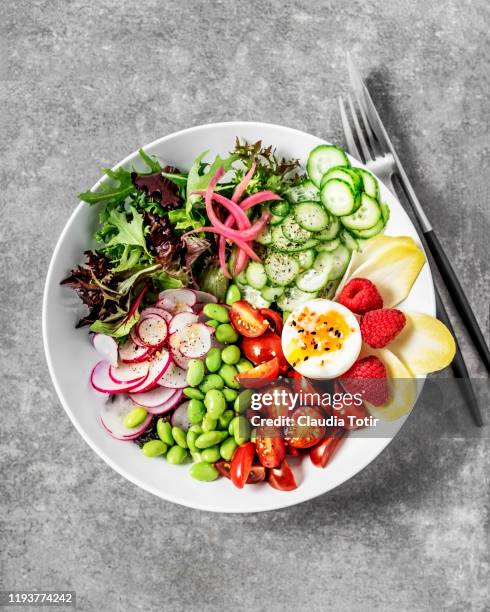 bowl of fresh salad with boiled egg on gray background - kopfsalat stock-fotos und bilder