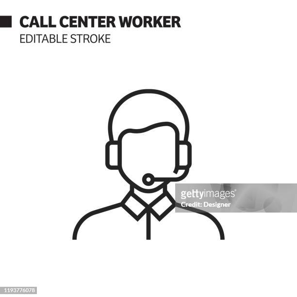 illustrazioni stock, clip art, cartoni animati e icone di tendenza di icona linea lavoratore call center, illustrazione simbolo vettore contorno. pixel perfetto, tratto modificabile. - usare il telefono