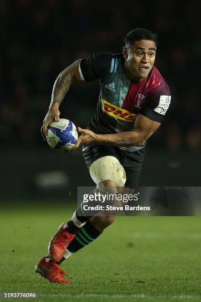 Francis Saili of Harlequins makes a break during the Heineken Champions Cup Round 4 match between Harlequins and Ulster Rugby at Twickenham Stoop on...